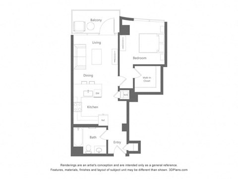 Floor plan for 1 bed, 1 bath, 691 sqft